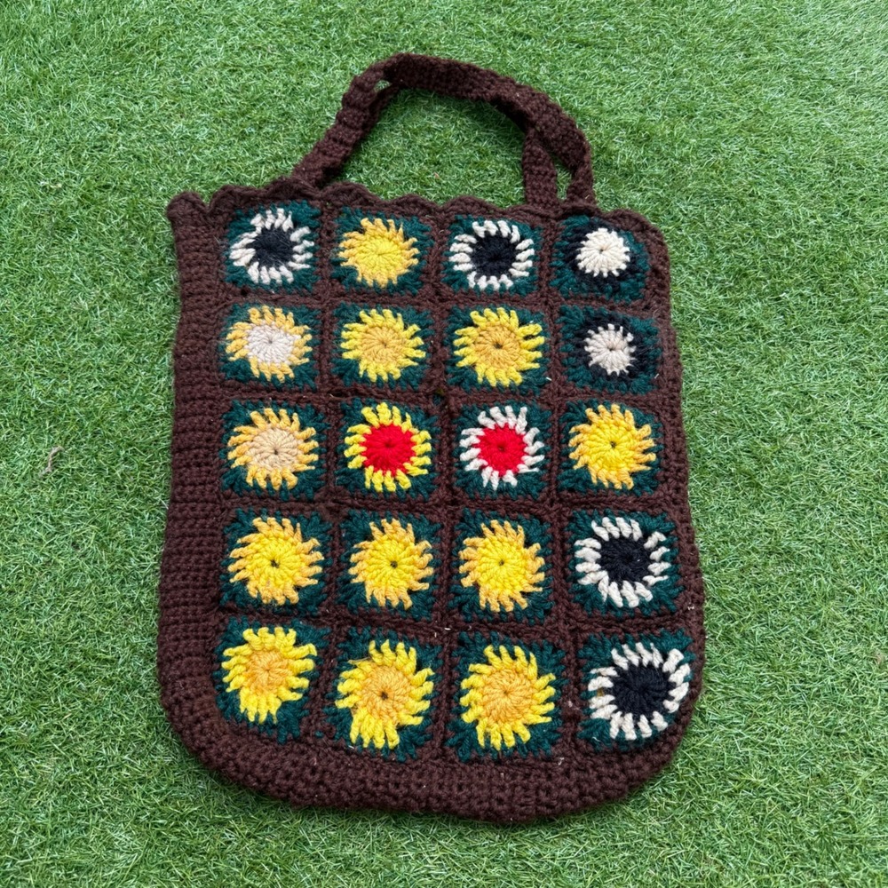 Crochet Granny Square Tote Bag Brown Yellow Floral Handmade Hippie Boho Purse